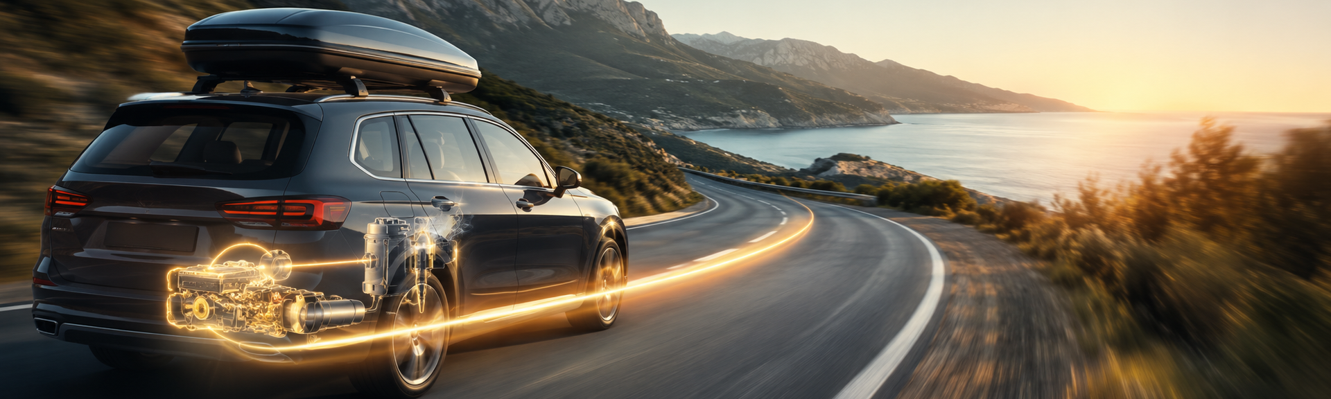 Automobil pregătit pentru drum lung de vacanță, cu sistem de alimentare curat, rulând pe o șosea panoramică pentru o călătorie sigură și eficientă.